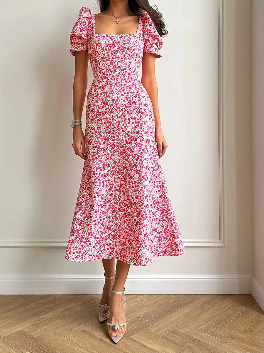 Women's Floral Print Square Collar Midi Dress - Summer Casual A-Line - Image 4