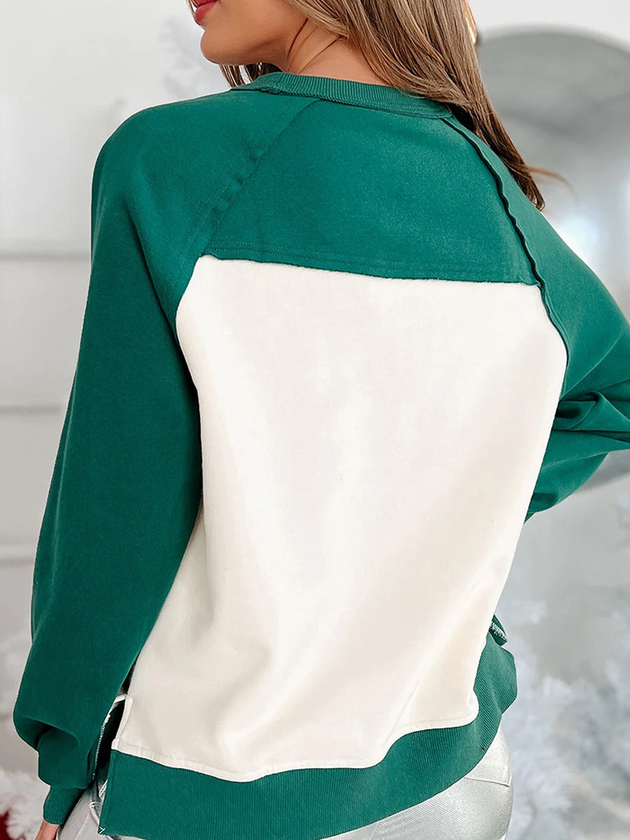 Women's Christmas Tree Print Sweatshirt with Patchwork Sleeves - Image 4
