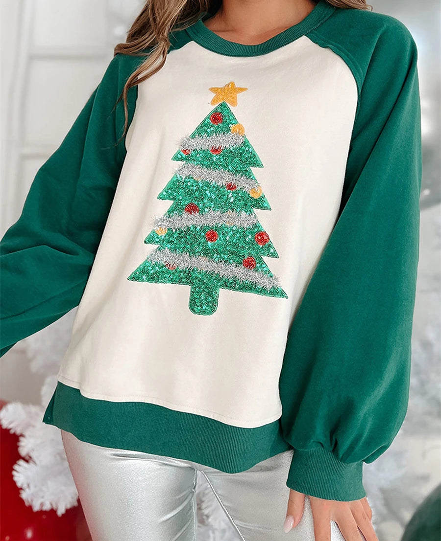 Women's Christmas Tree Print Sweatshirt with Patchwork Sleeves - Image 3