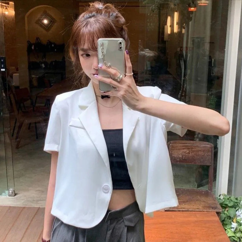 Women's Black Cropped Blazer Summer Lightweight Suit Jacket Korean Style - Image 4