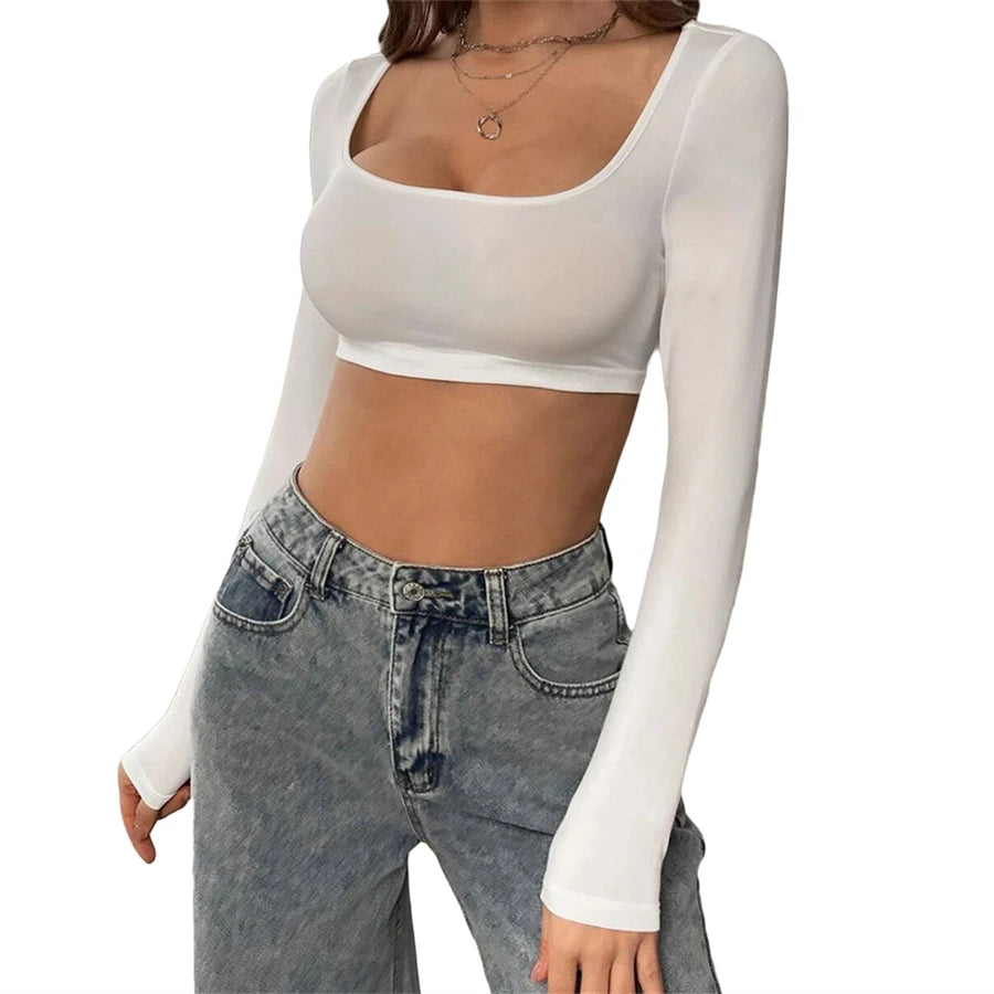 Women's Solid Color Long Sleeve Crop Top for Workouts - Image 8