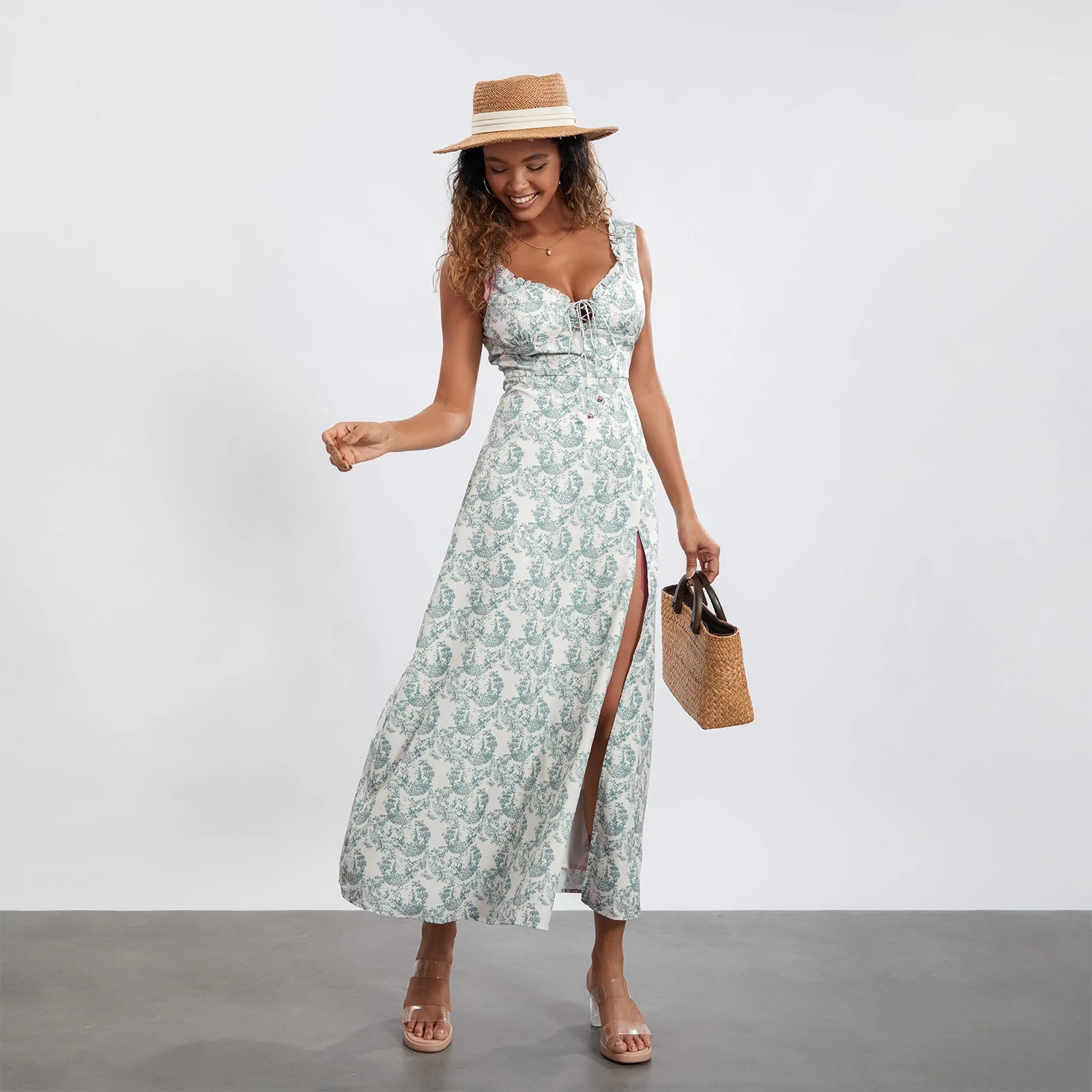 Floral Print Sleeveless V-Neck Dress with High Split Detail - Image 6