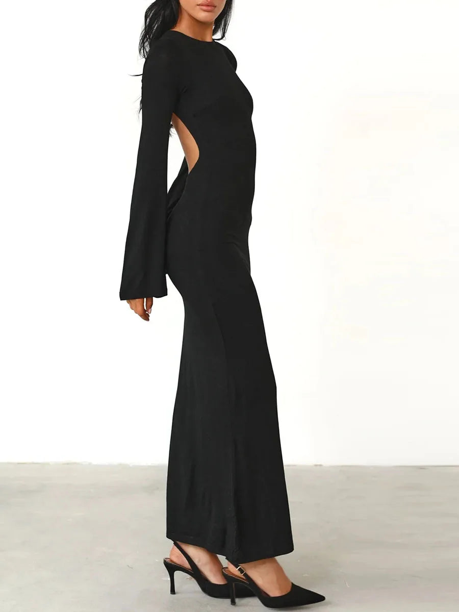 Spring Fall Backless Long Sleeve Tie Back Boat Neck Dress - Image 8