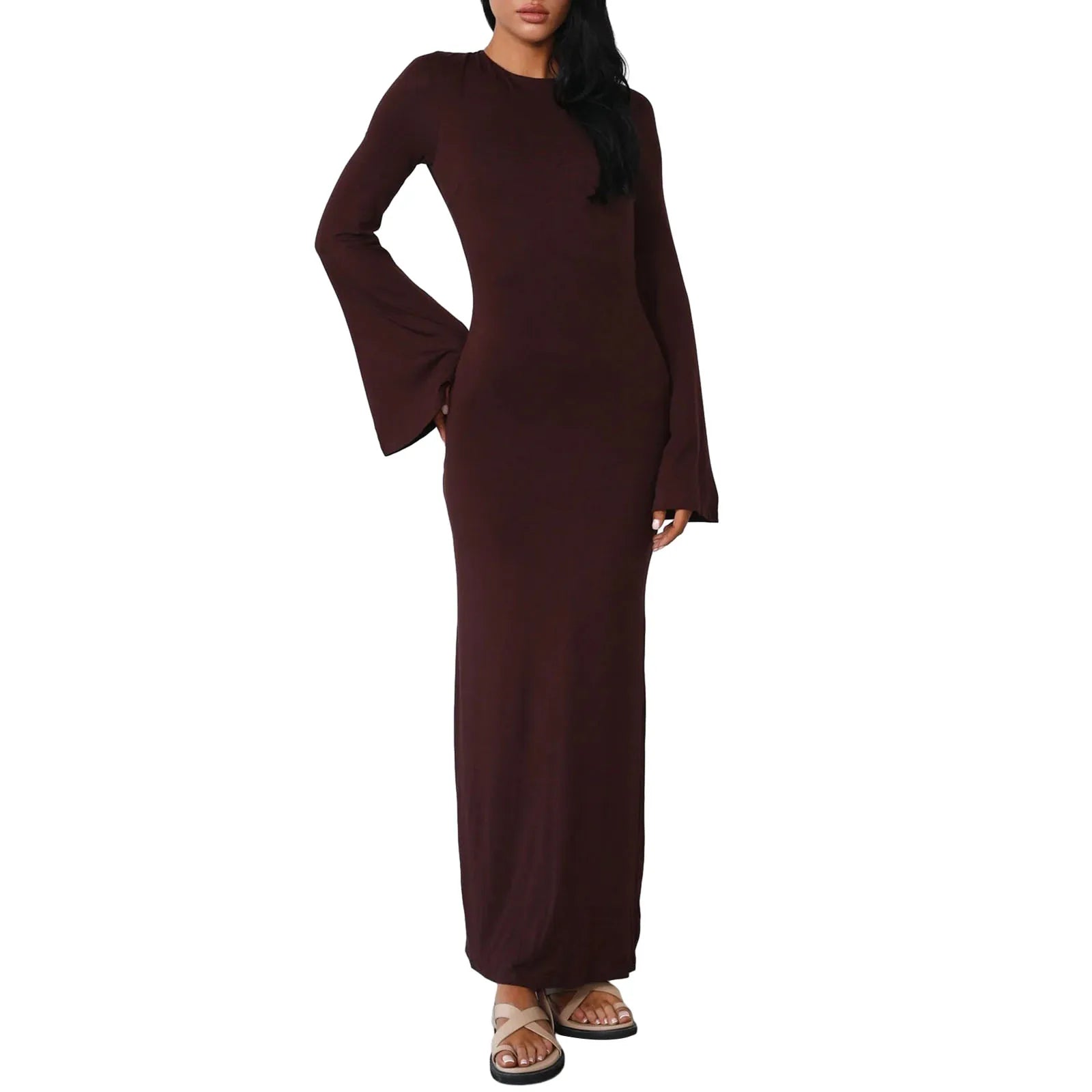 Spring Fall Backless Long Sleeve Tie Back Boat Neck Dress - Image 9