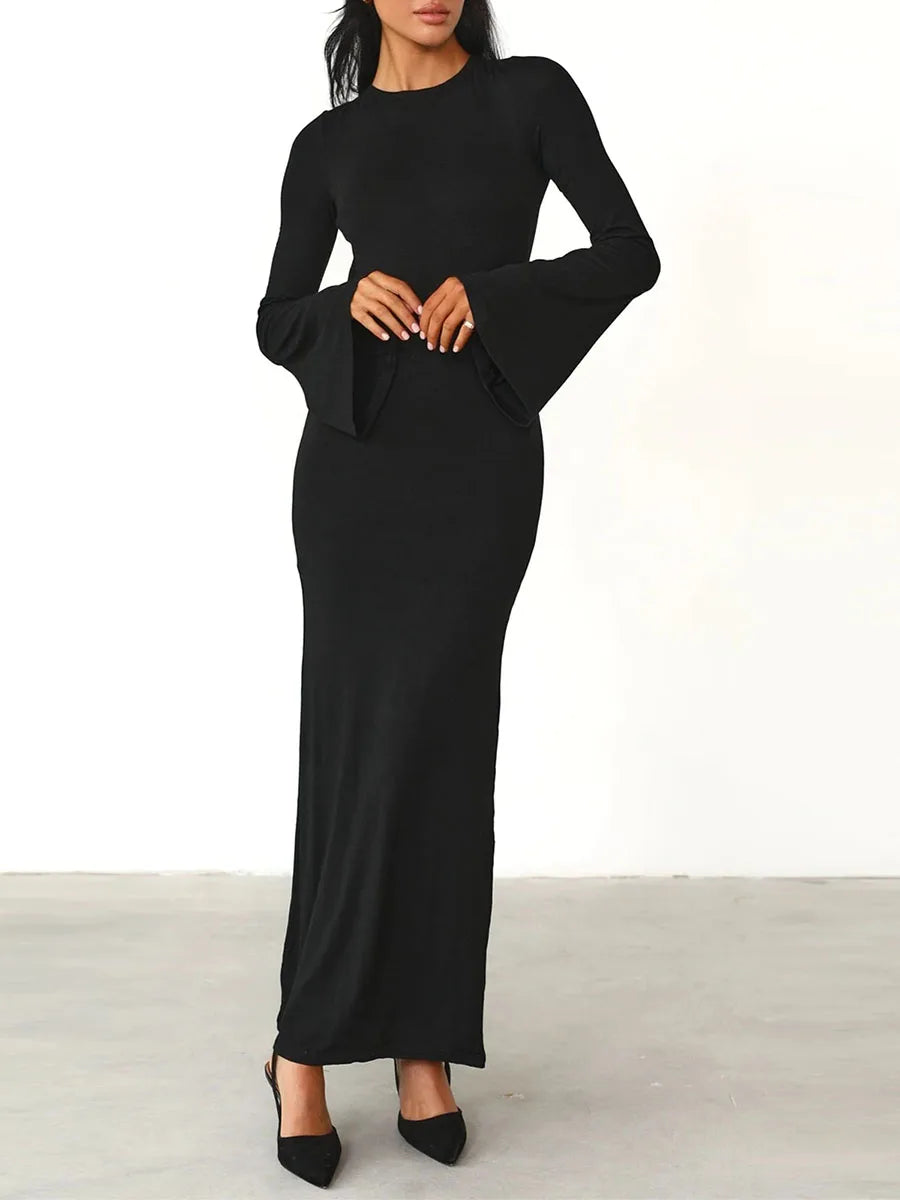 Spring Fall Backless Long Sleeve Tie Back Boat Neck Dress - Image 4