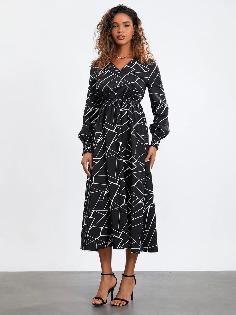 Women's Printed Geometric A-Line Dress with Lantern Sleeves