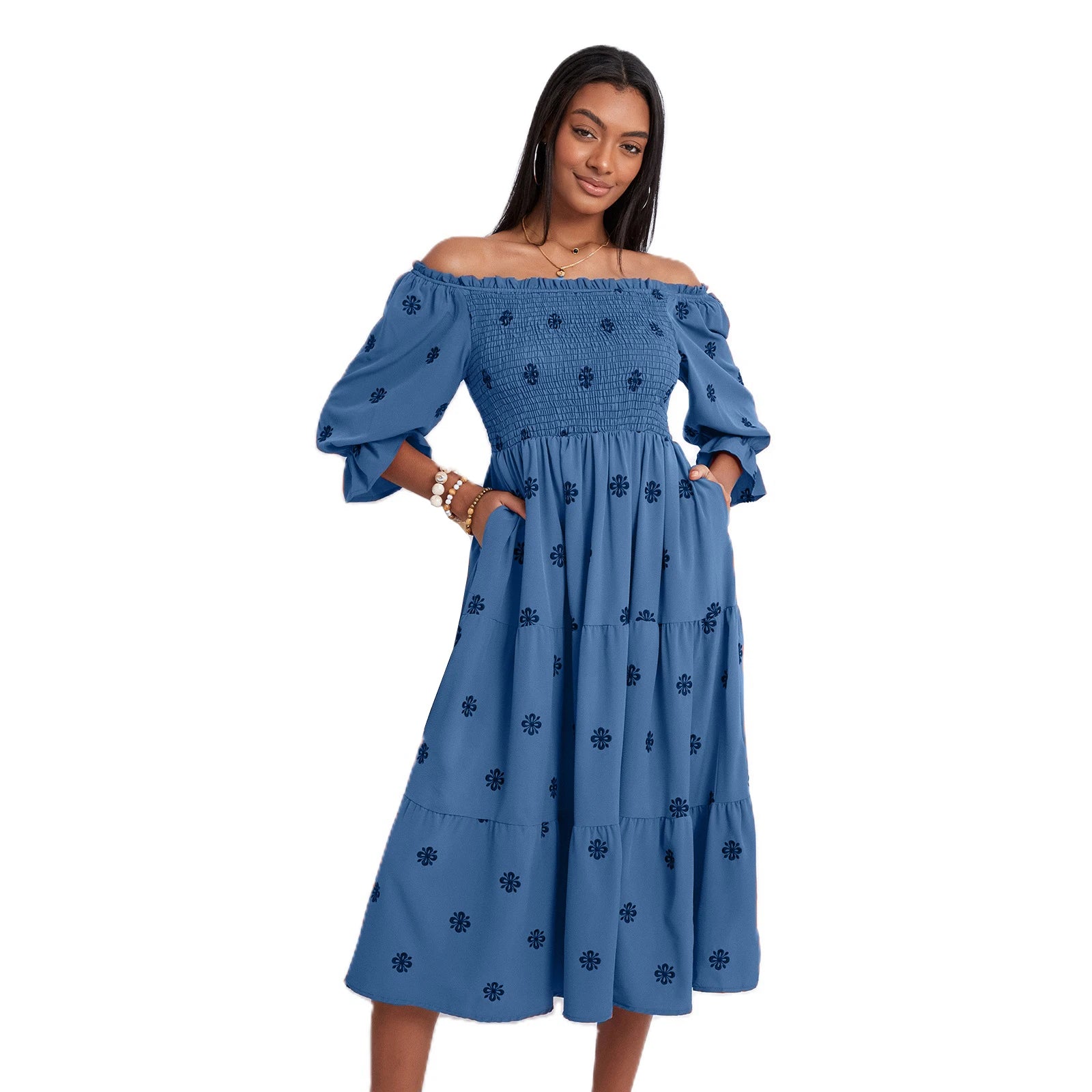 Stylish Off-Shoulder Floral Print Long Sleeve Party Dress - Image 9