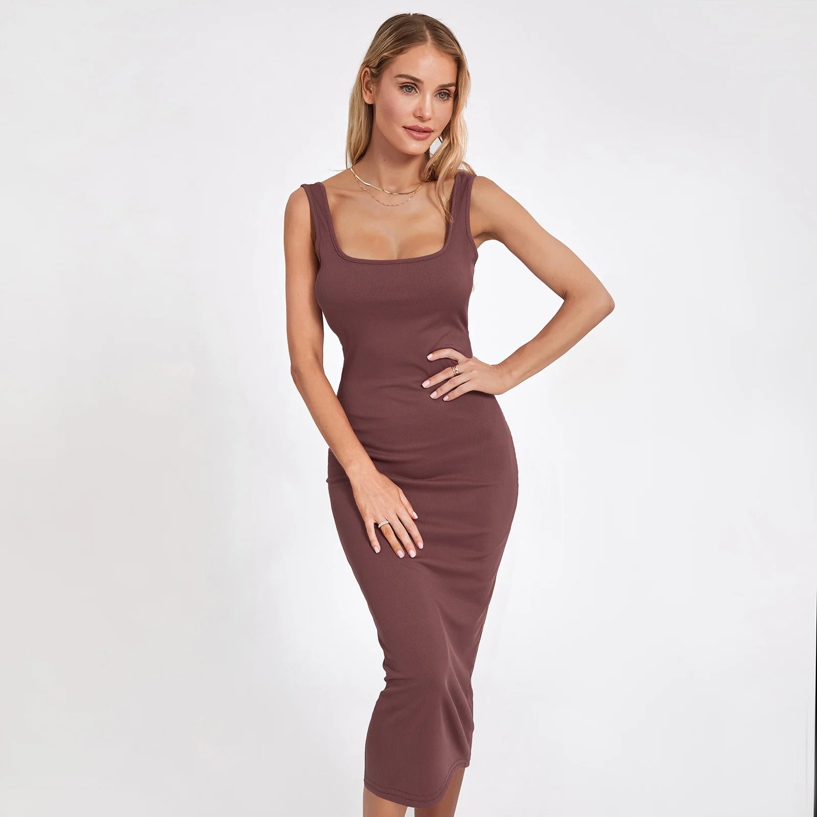 Women's Retro Solid Color Bodycon Midi Dress for Party Office