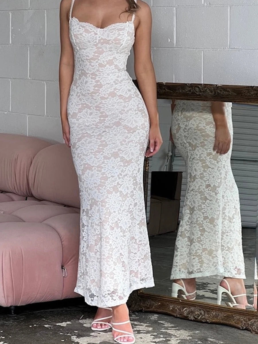 White Floral Low Cut Evening Dress for Party Night - Image 4