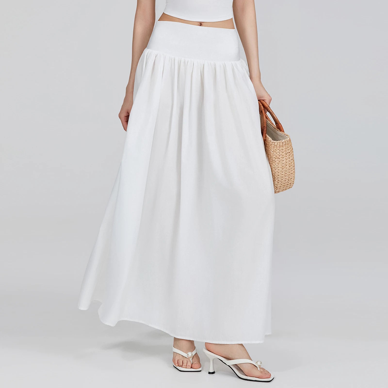 White Ruched Loose Long Skirt - Casual A-Line Streetwear - Image 4