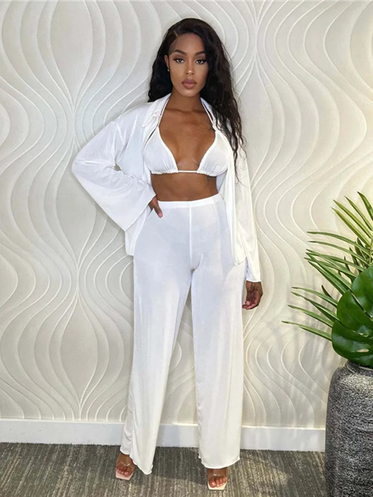 3 Piece Women Loose Sleeve Shirt and Wide Leg Pant Set - Image 8