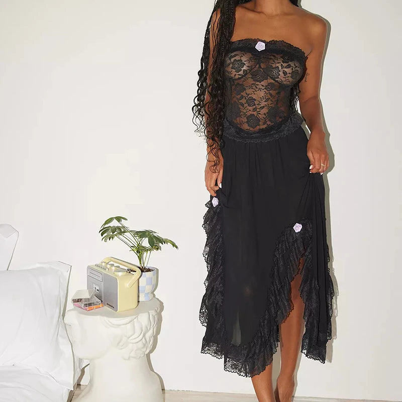 Sheer Floral Midi Dress Strapless Iregular Hem Fairycore Streetwear - Image 5