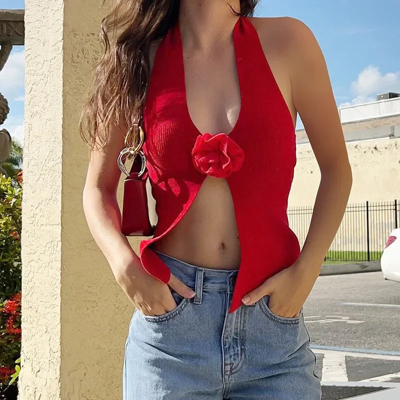 Floral V-Neck Backless Fashion Patchwork Crop Top for Women