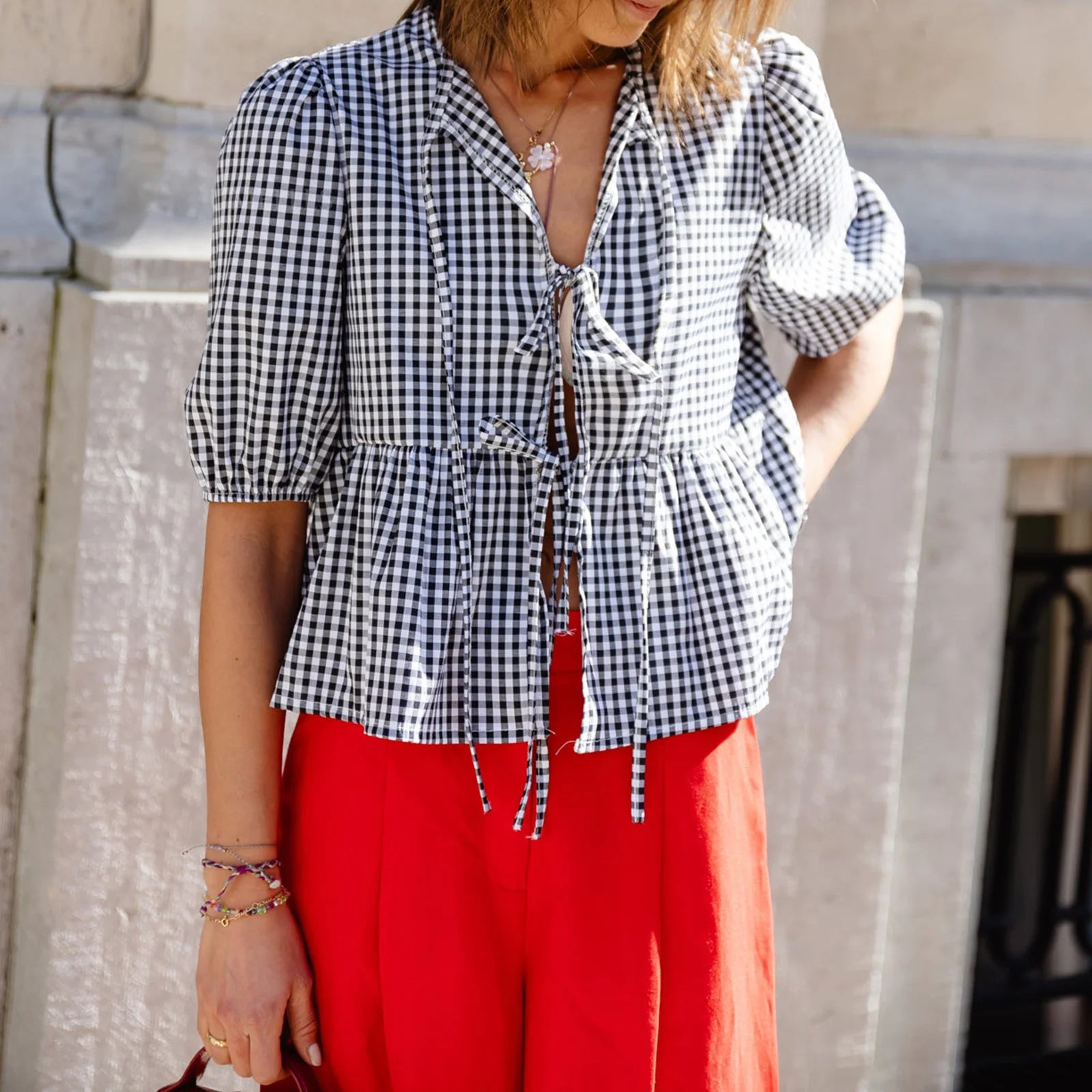 Puff Sleeve Peplum Blouse, Tie Front Ruffle Hem Babydoll - Image 5
