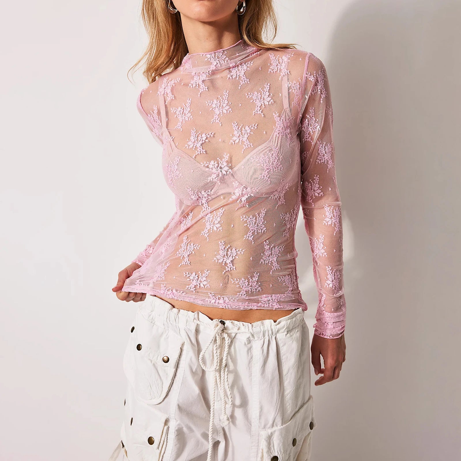Floral Mock Neck Sheer Long Sleeve Women's Tee Shirt - Image 6