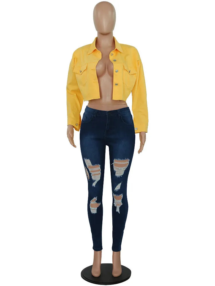 Female Gothic buttoned denim jacket with ripped details and Harajuku style - Image 9