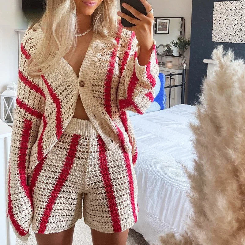 Striped Knitted Two Piece Set - Casual Loose Sweater Top