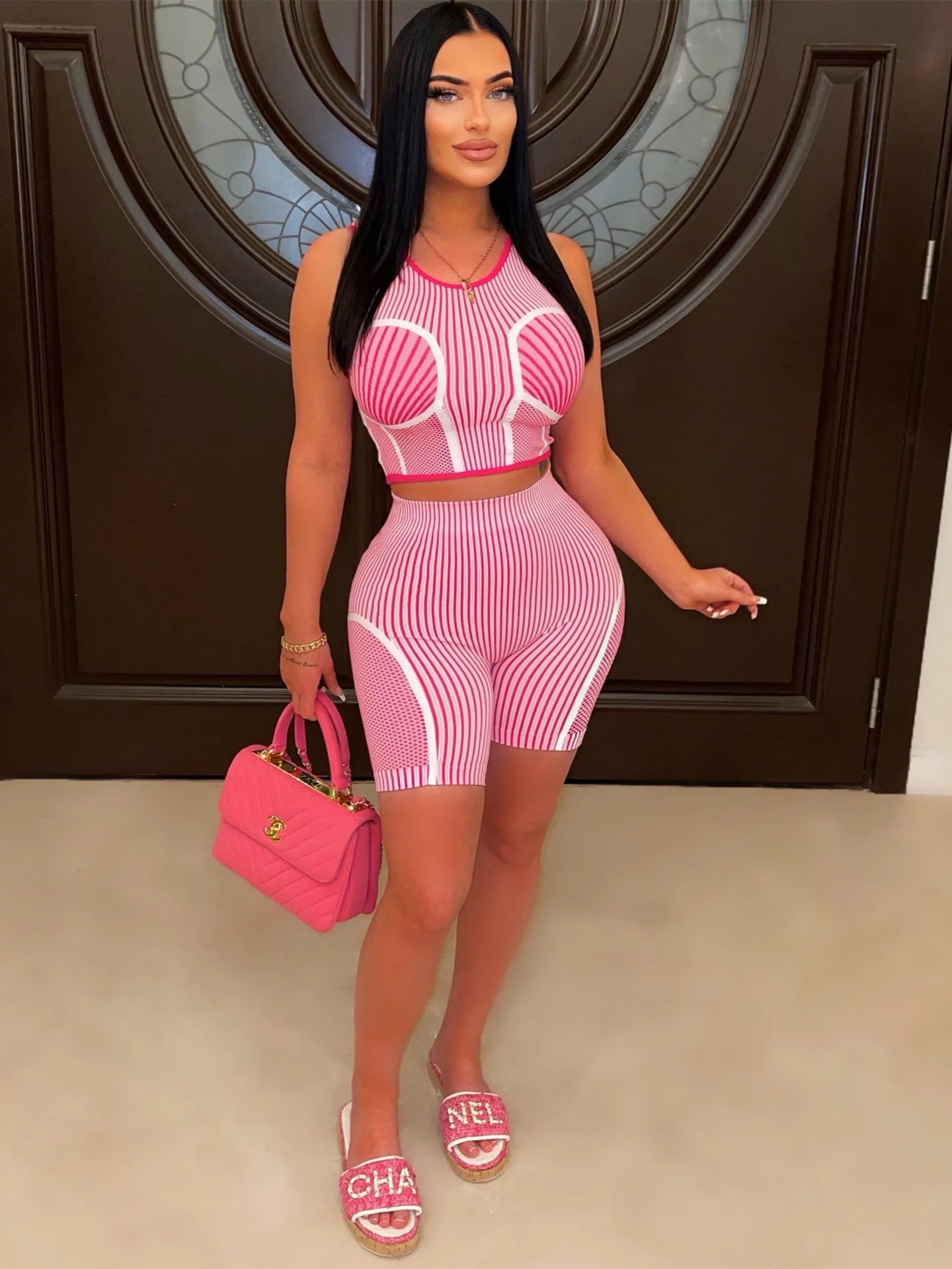 Striped Print Sporty Two Piece Set for Fitness Streetwear - Image 2