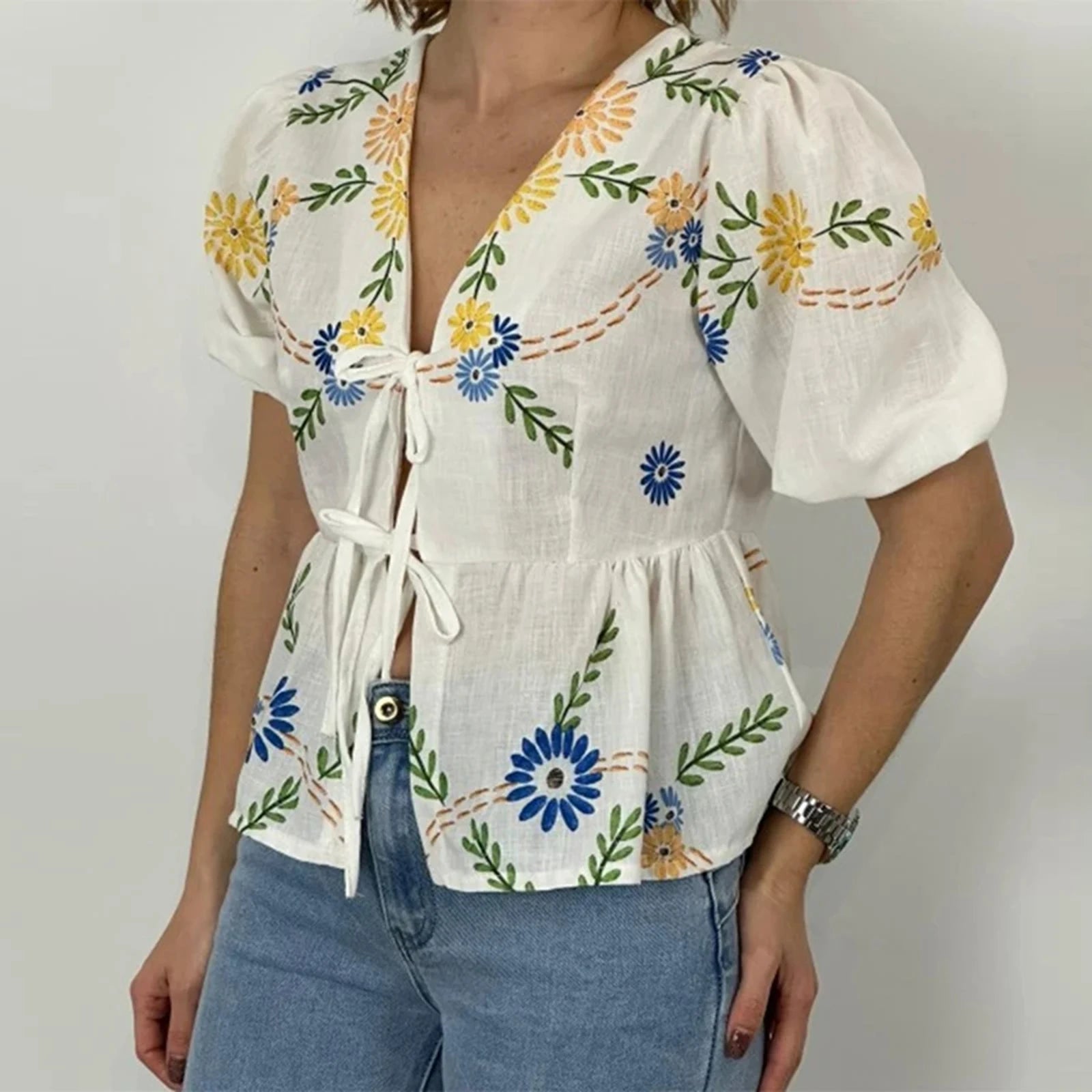 Floral Peplum Tie Front Top with Puff Sleeves - Image 3