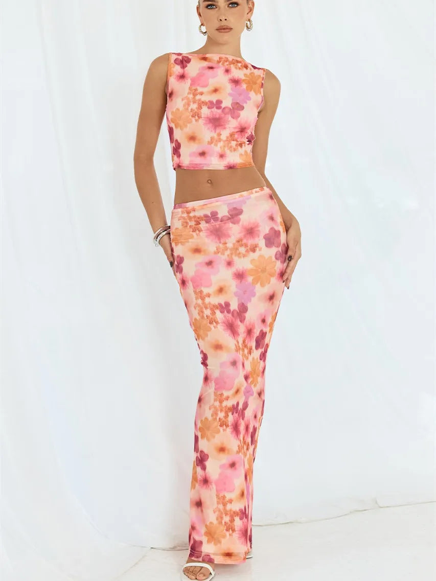 Floral Print Sleeveless Crop Top and Bodycon Skirt Set - Image 4