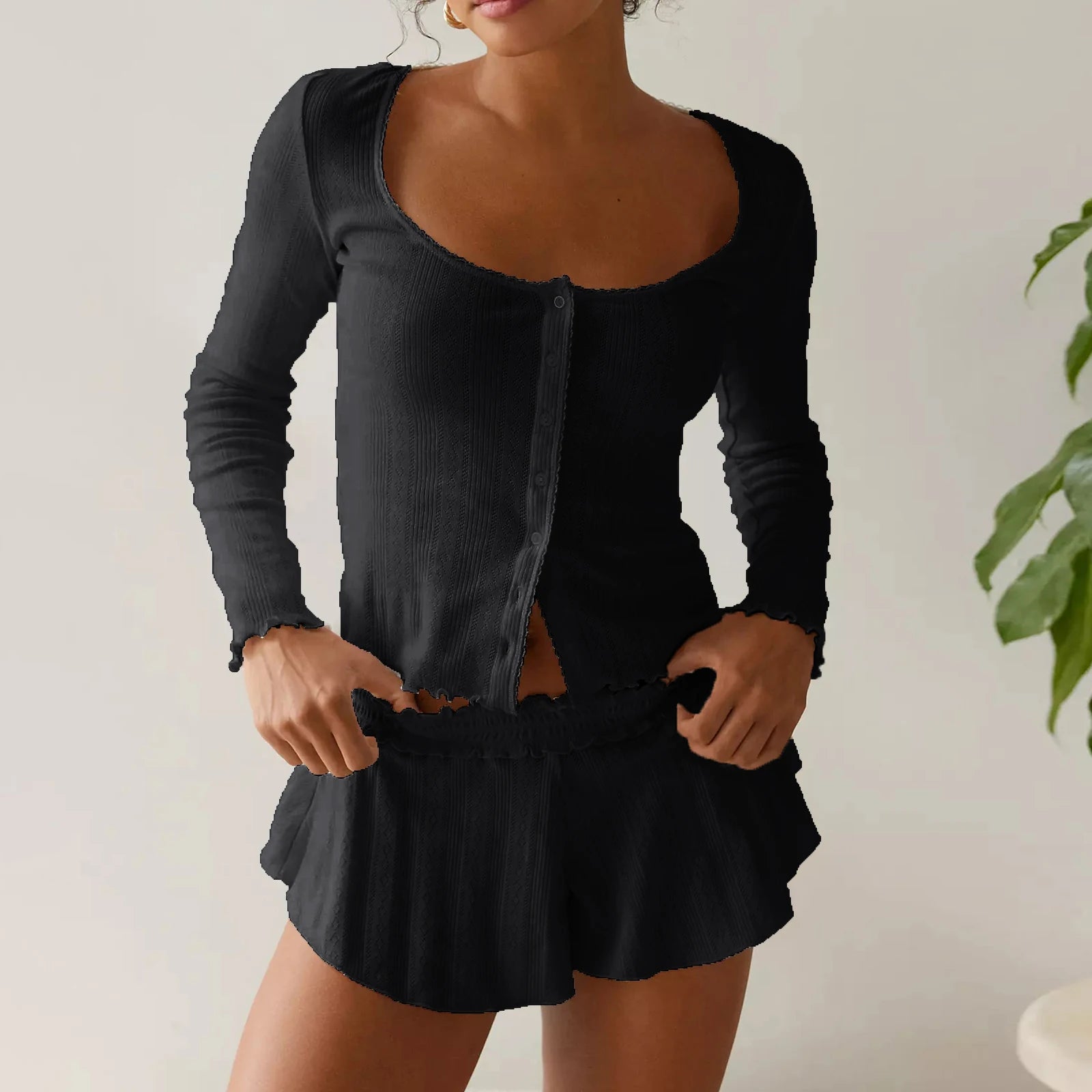 Stylish Women's Long Sleeve Pajama Set with Ruffle Shorts - Image 2