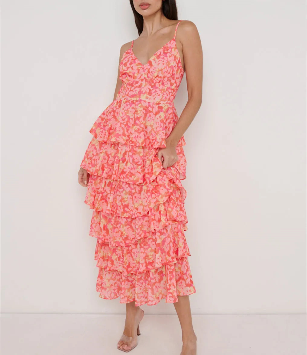 Floral Print V-Neck Ruffled Sleeveless Long Dress - Summer Beach - Image 9