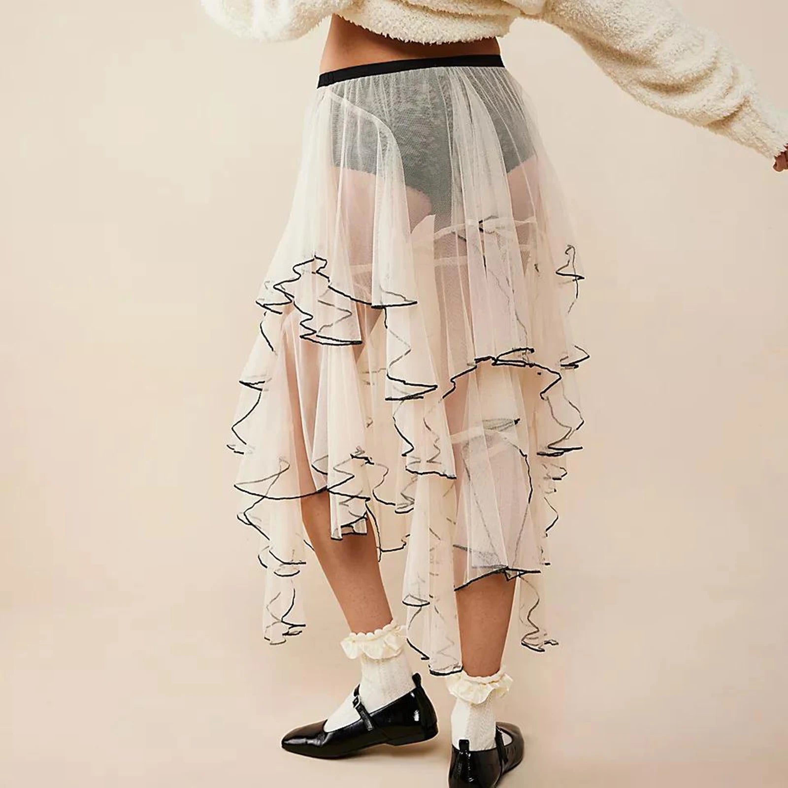 Women's Irregular Layered Ruffled High Waist A-line Midi Skirt - Image 3