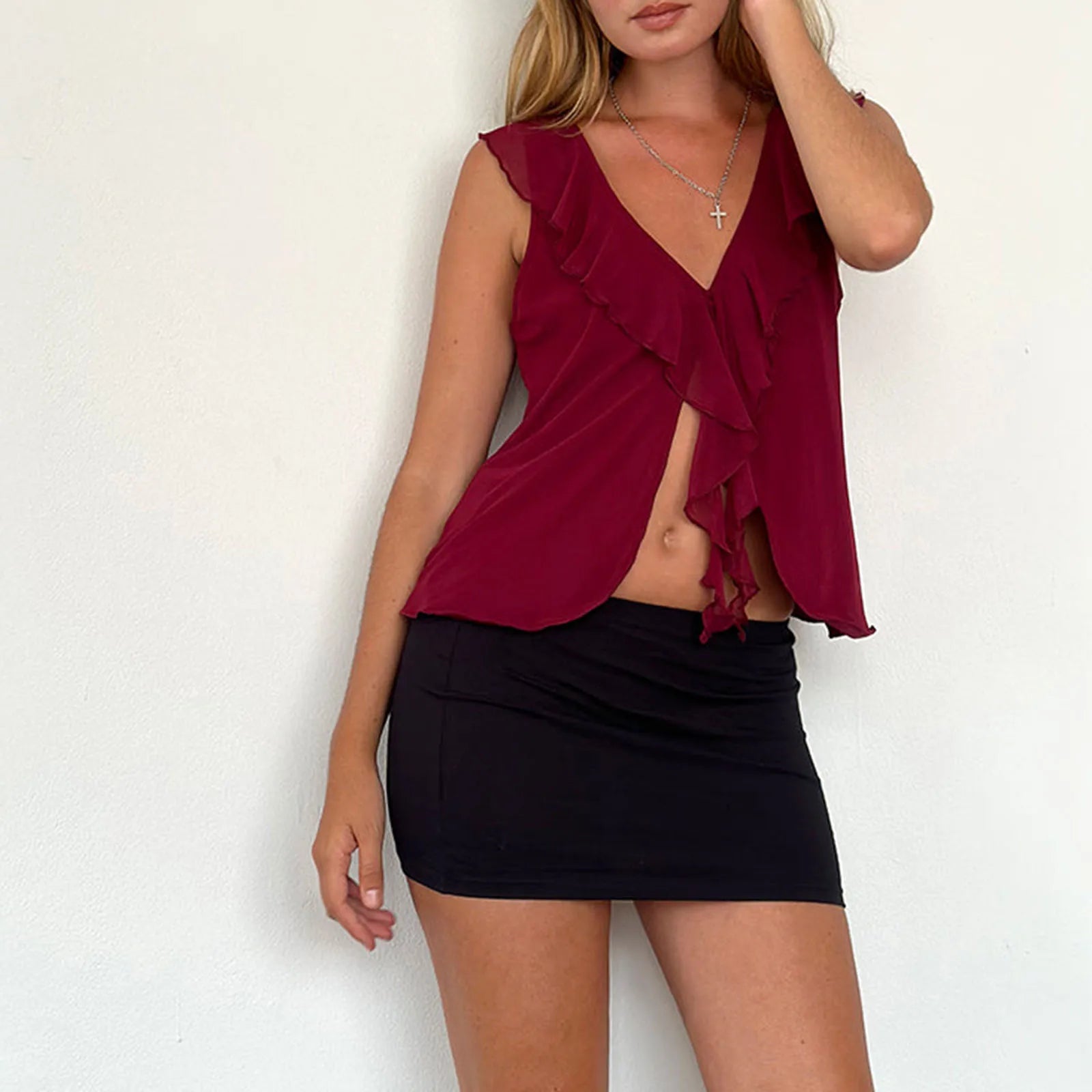 Solid V-Neck Ruffles Tank Top for Women - Summer Fashion - Image 2