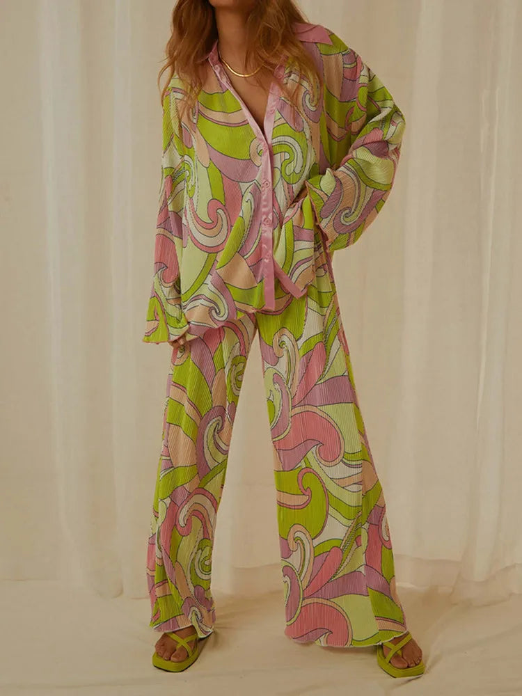 Floral Printed Oversized Shirt and High Waist Pants Set - Image 6