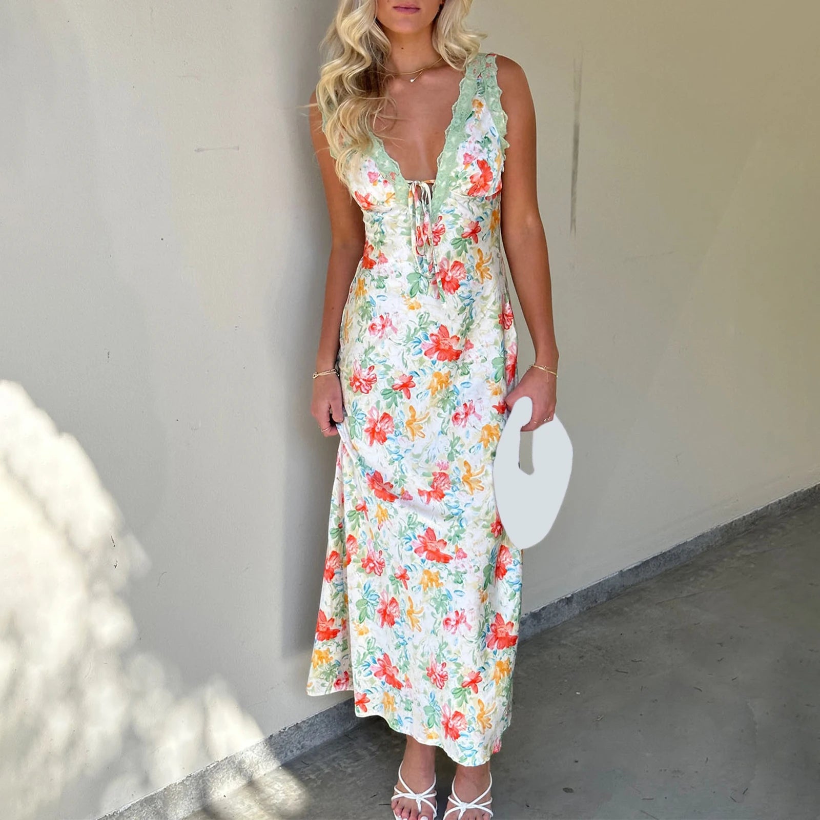 Women's Sleeveless Deep V-Neck Flower Print Tank Dress