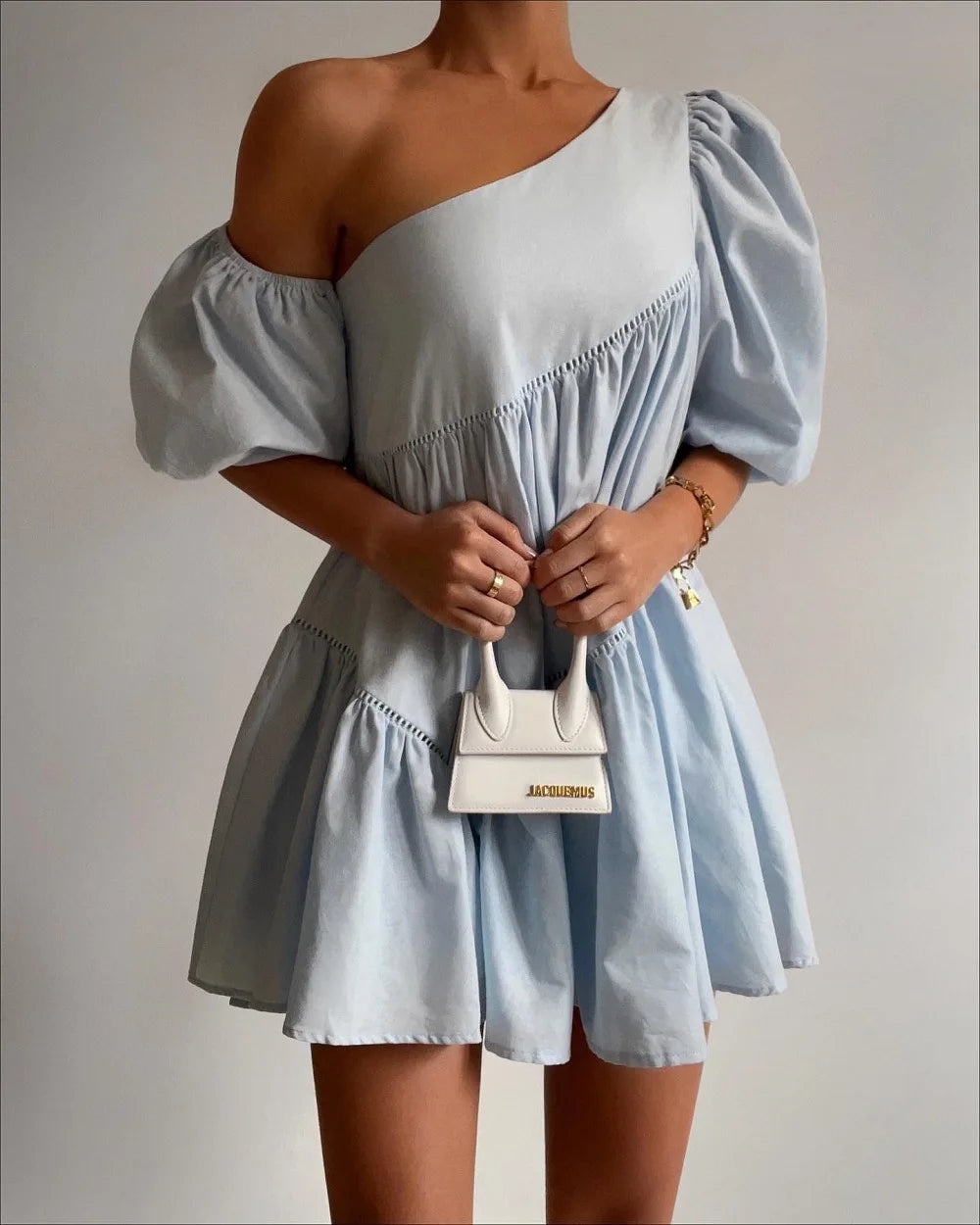 Women's Casual Mini Dress with Puff Sleeves and Tiered Design - Image 10