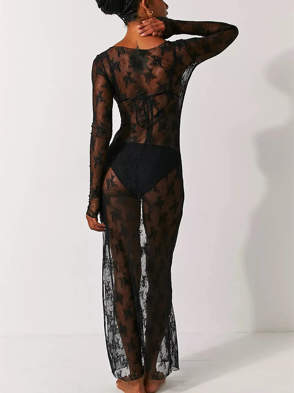 Sheer Maxi Dress Long Sleeve Floral Split Bodycon Coverup - Image 5