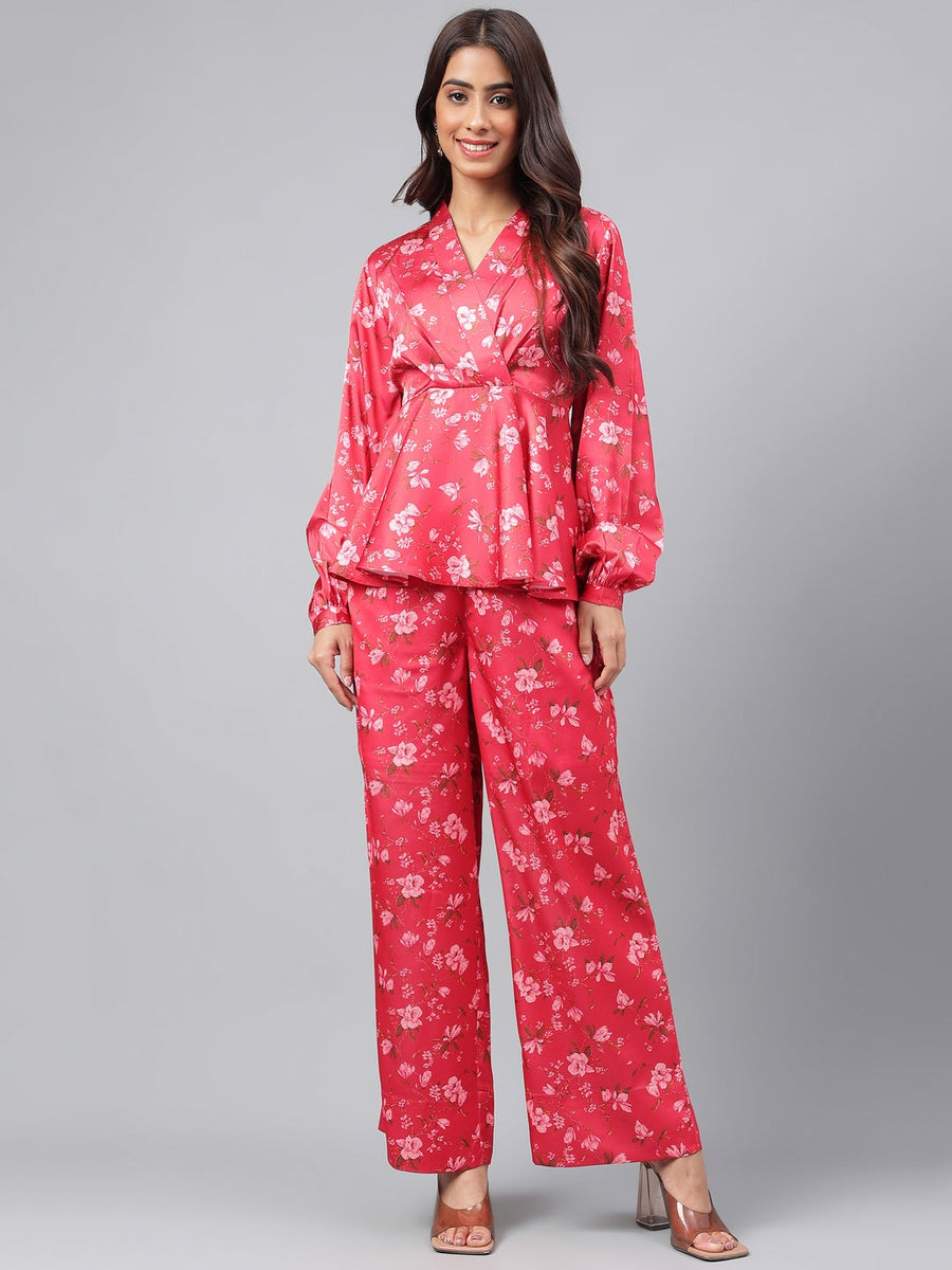 Red Satin Digital Floral Printed Co-ords Set