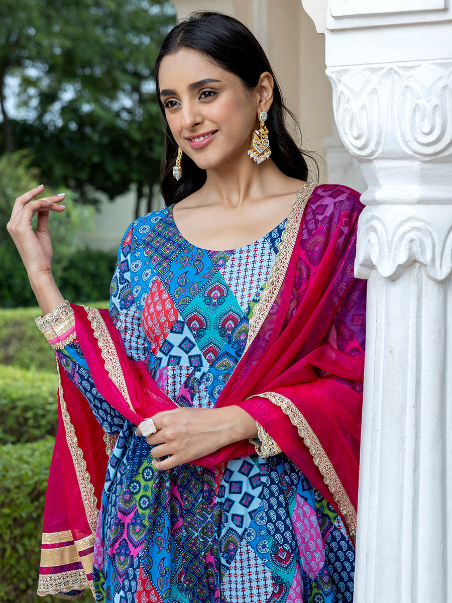 Blue Cotton Ethnic Printed Kurta with Pant and Dupatta