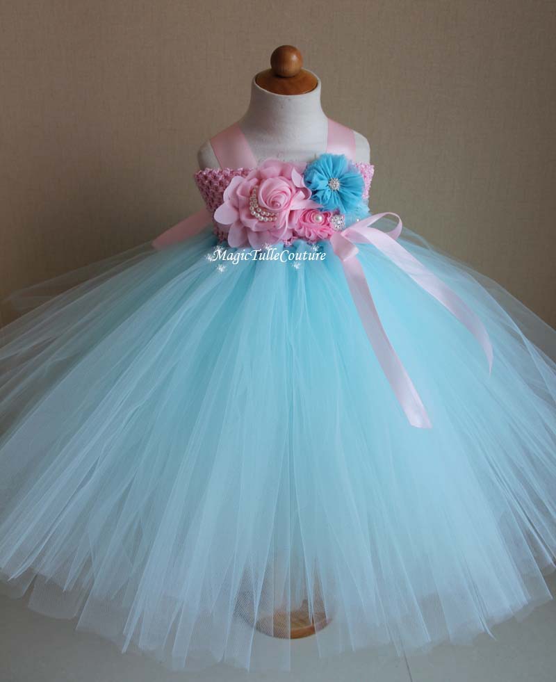 Baby Blue and Pink Flower Girl Tutu Dress for Weddings and Birthday Ph ...