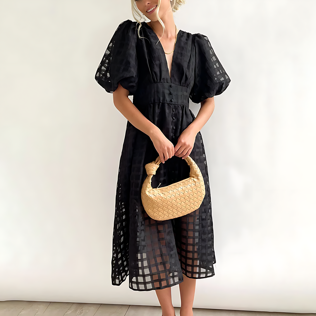 Solvej - Vintage Midi-Kleid mit Puffärmeln