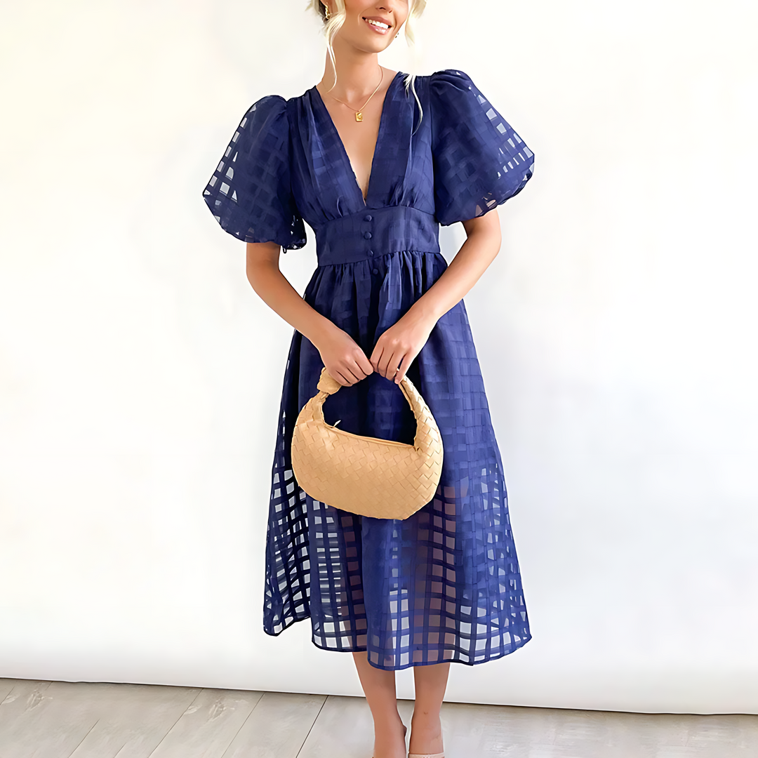 Solvej - Vintage Midi-Kleid mit Puffärmeln