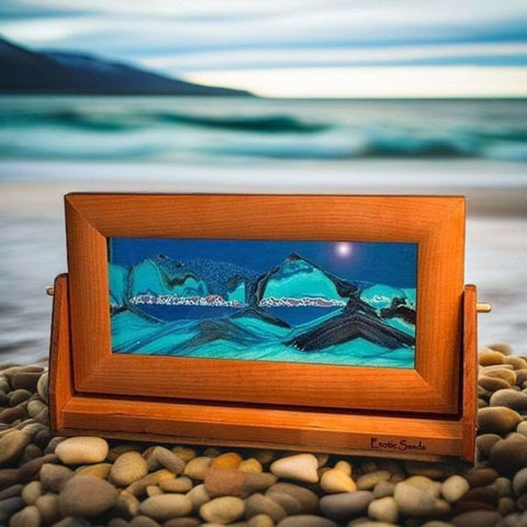 Sandscape 3d Moving Sand Art Decor - Blue Med Cherry Wood Frame -Art in Motion- Eclectic Treasures