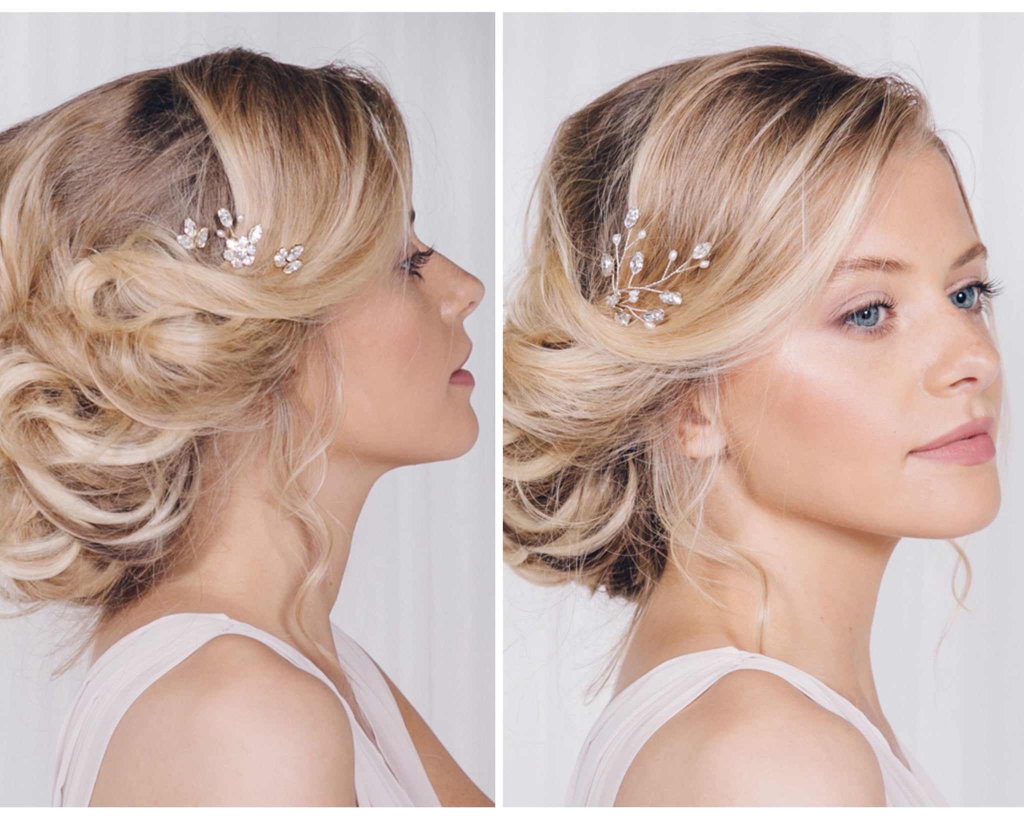 Crystal wedding hairpins - small and large sized with flowers and leaf sheaped crystals
