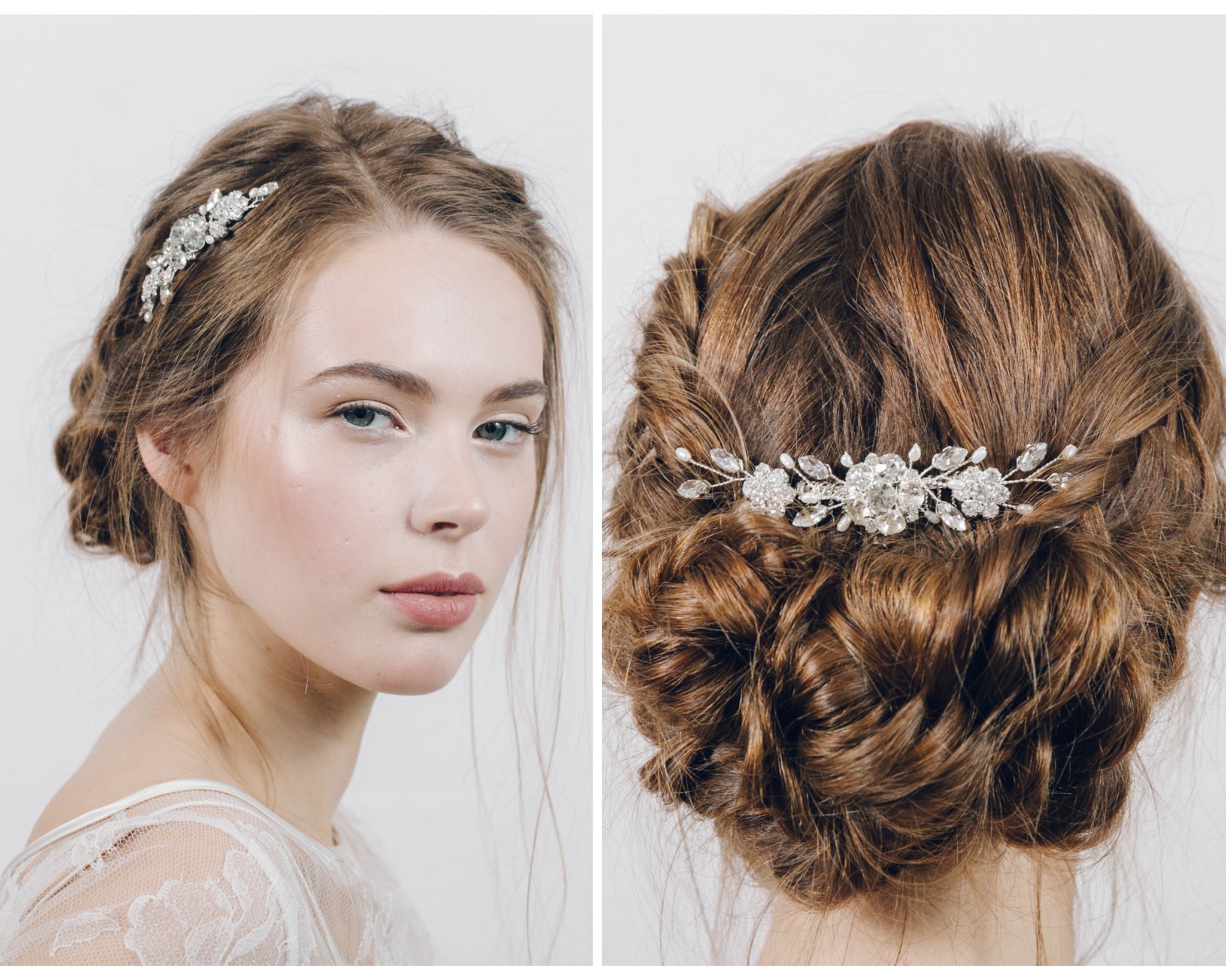 small wedding hair accessories - small silver crystal and pearl hair combs on models