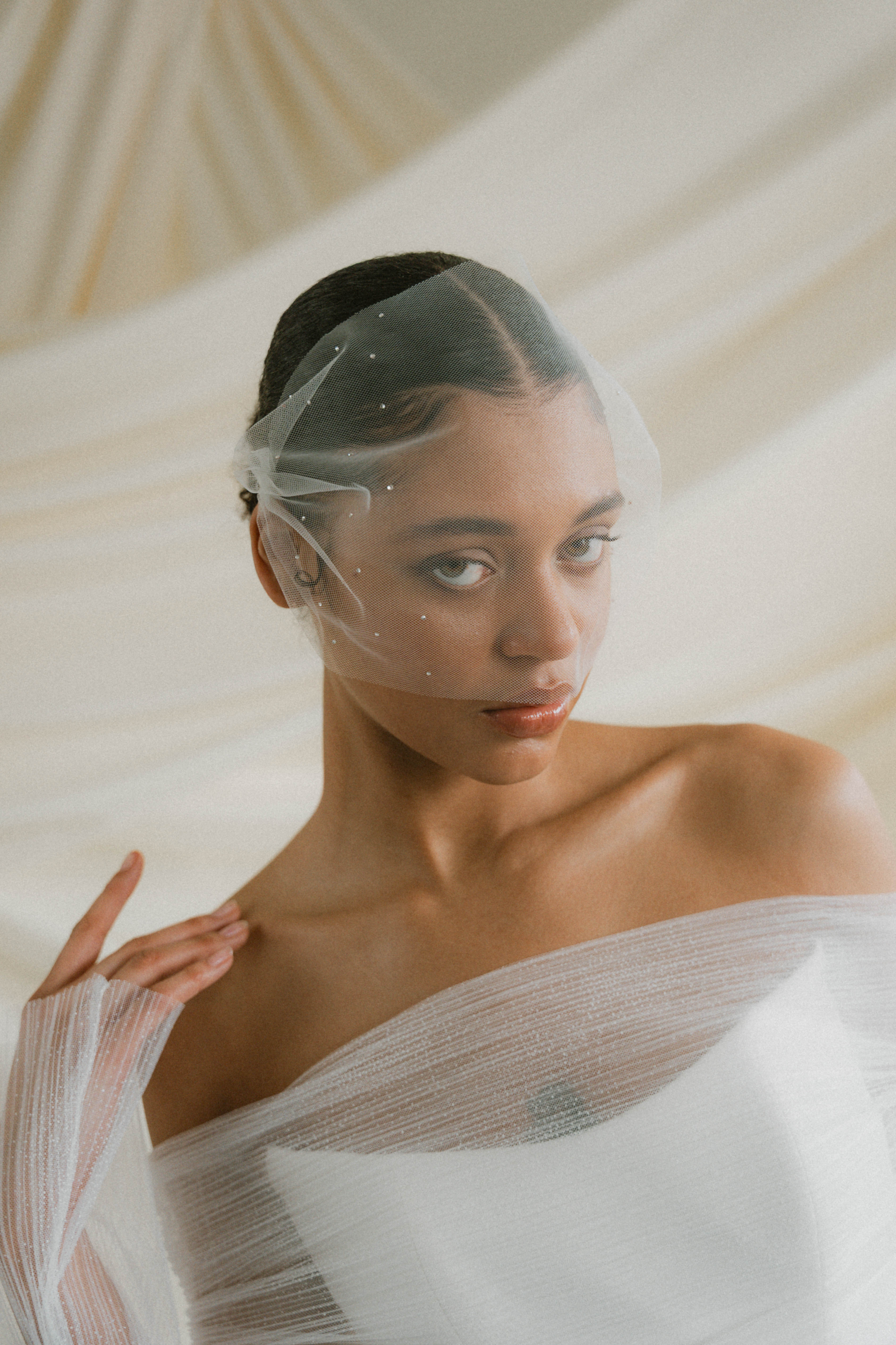sheer tulle birdcage mask veil with face framing crystals