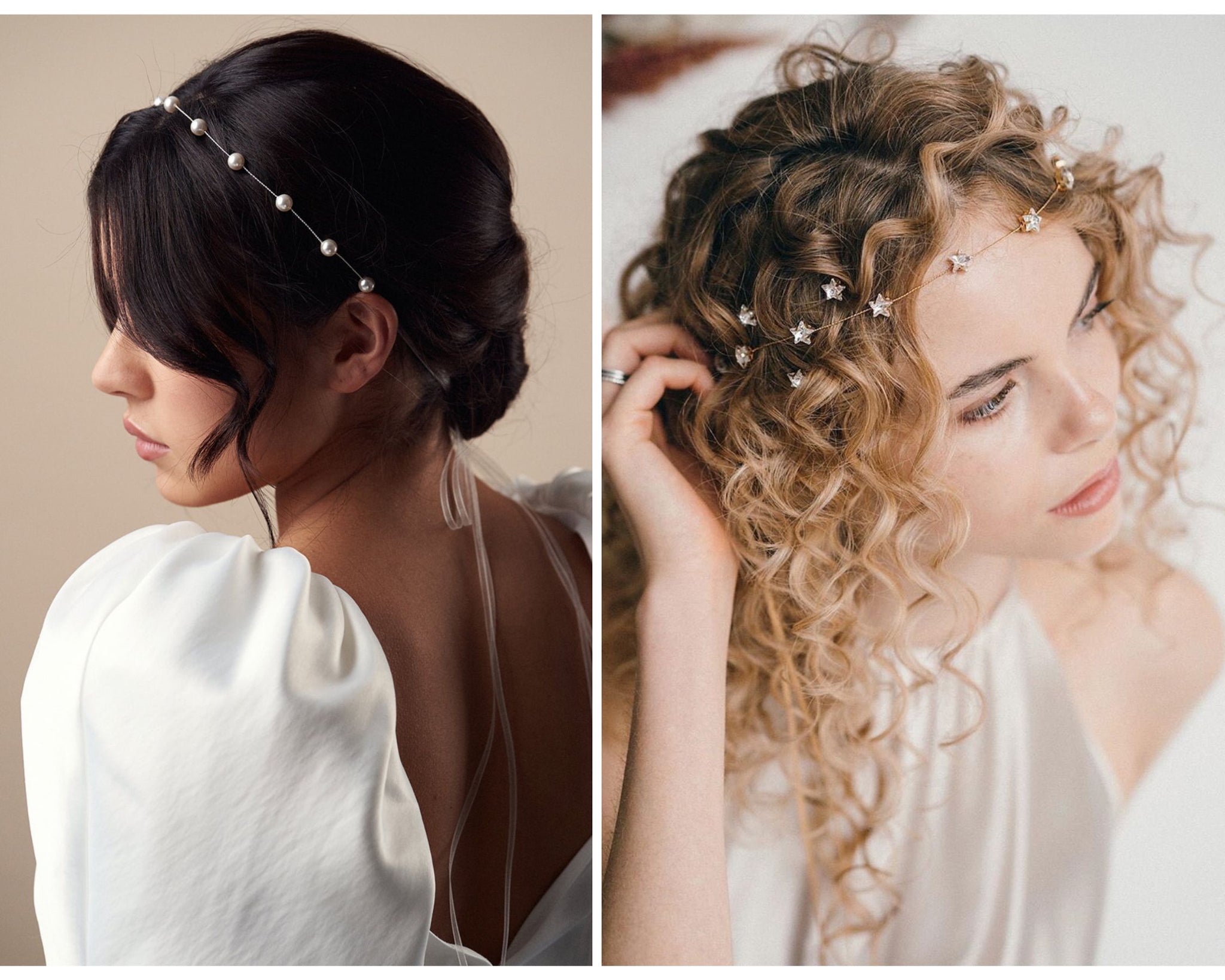 Simple pearl headband and star headband and hairpins for a bride who likes small wedding hair accessories seen on two models