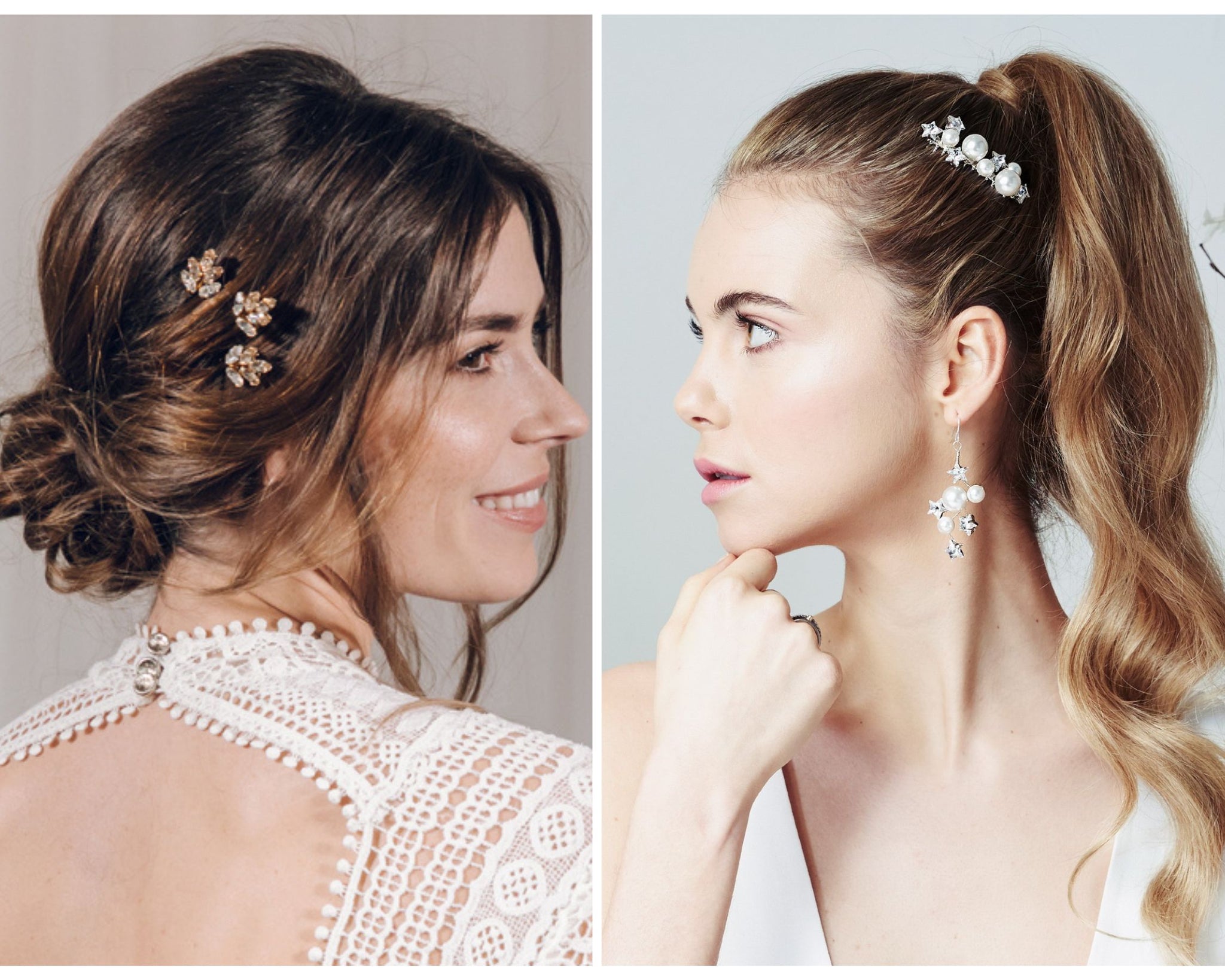 Small wedding hairpin in gold - set of three, and a silver star and moon crystal and pearl wedding hair comb 