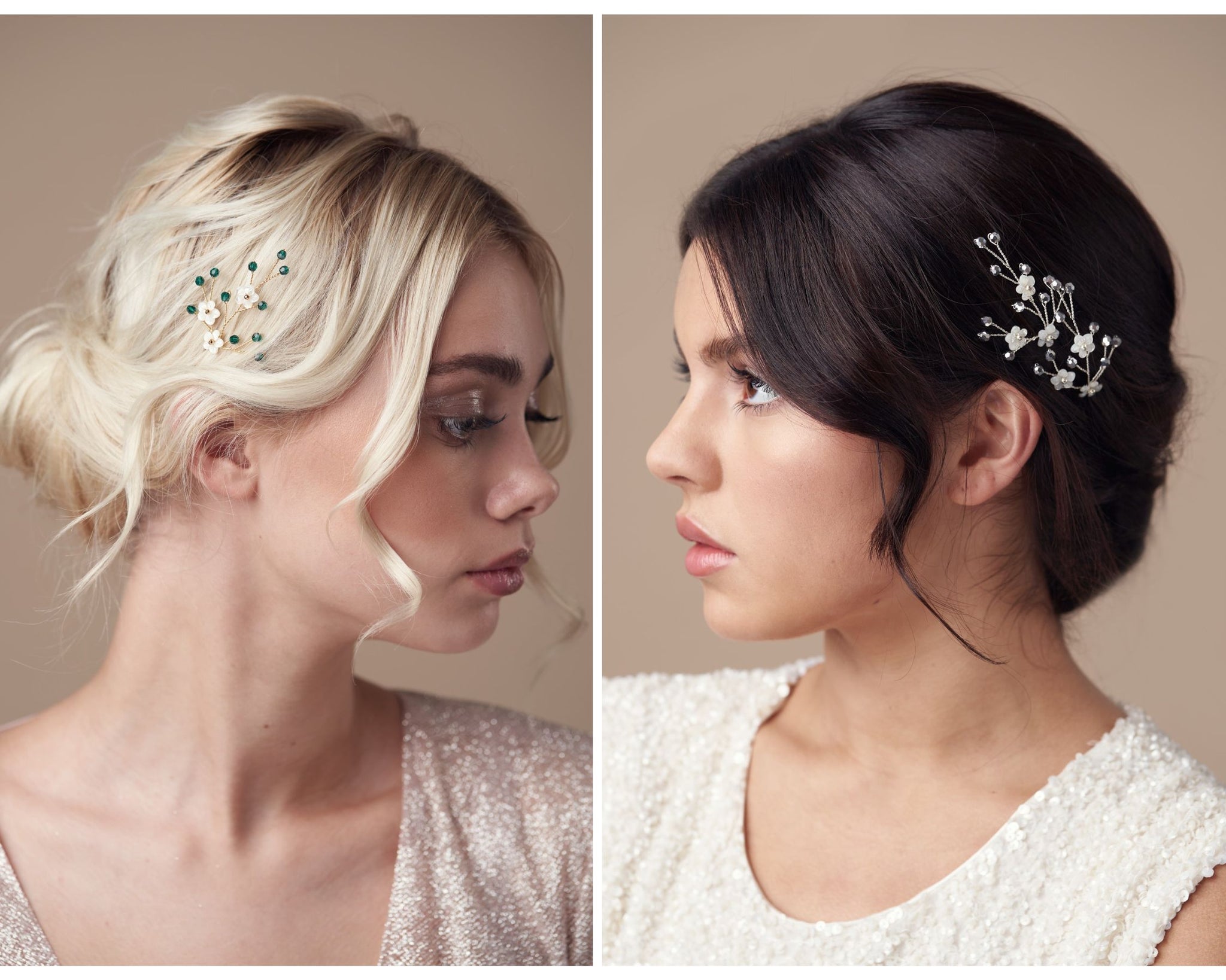 Two flower hairpins made of carved mother of pearl flowers and crystals - in champagne and also in silver tones