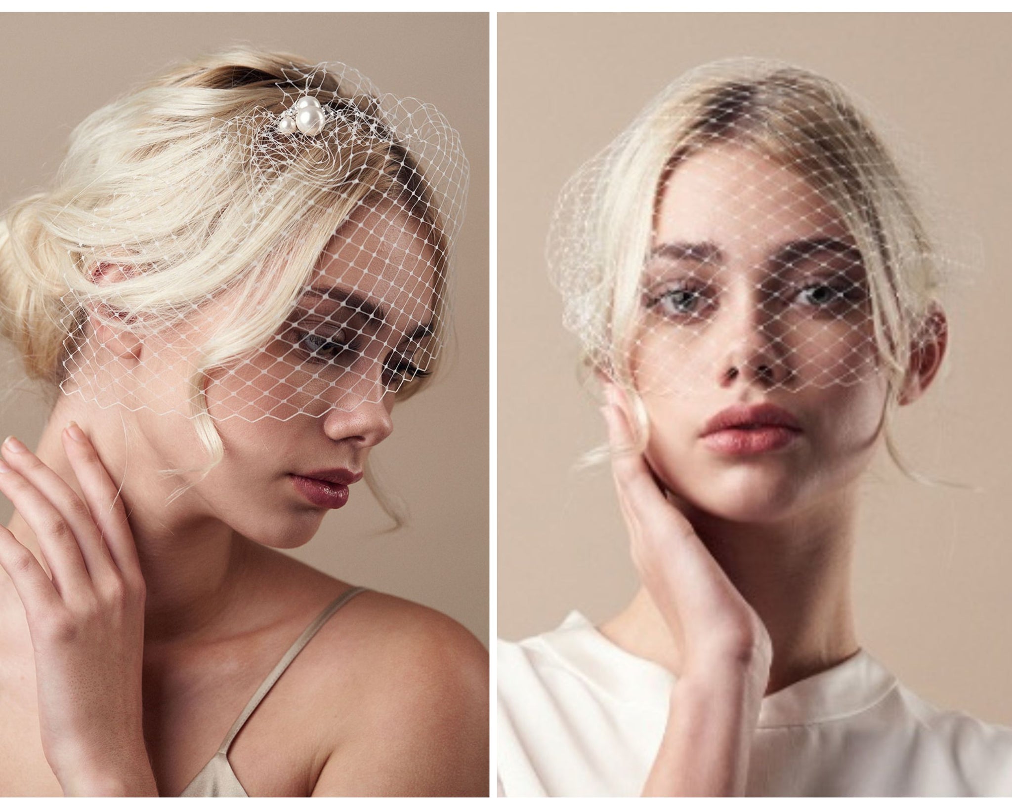 Bride wears simple birdcage veil with pearl and crystal wedding hairpin