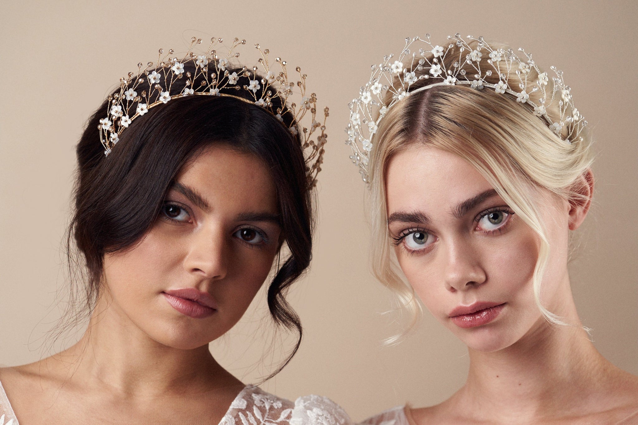 floral mother of pearl and crystal crowns in gold and silver on two models