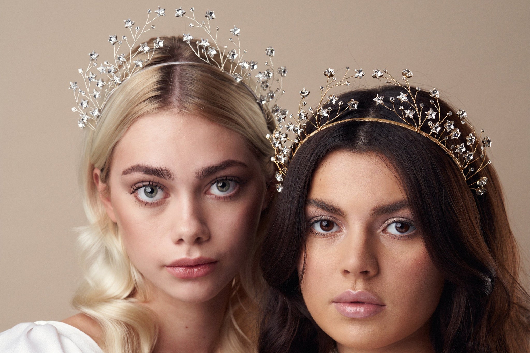 Celestial star crown in gold and silver - a statement crown with adjustable height worn by two models