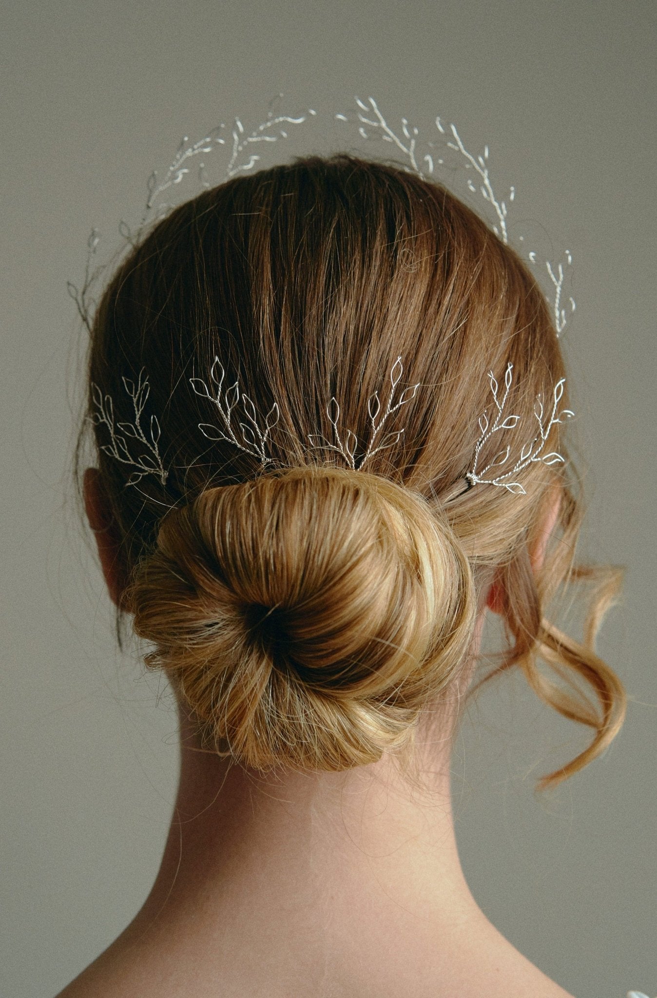 Leafy Wedding Hair Pins crown worn together by model