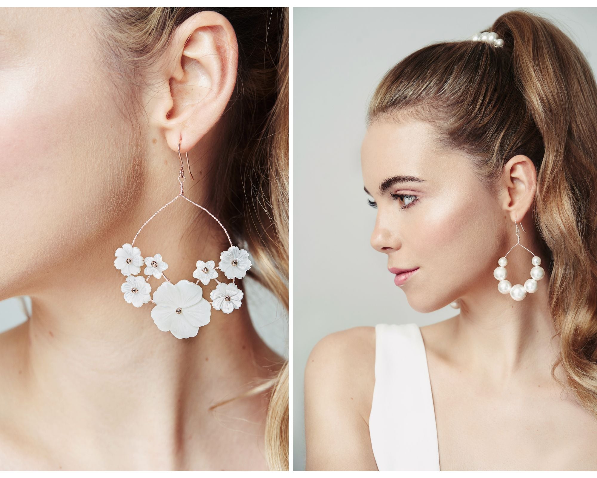 Wedding earrings for brides who like small wedding hair accessories - pearl hoops and flower hoops