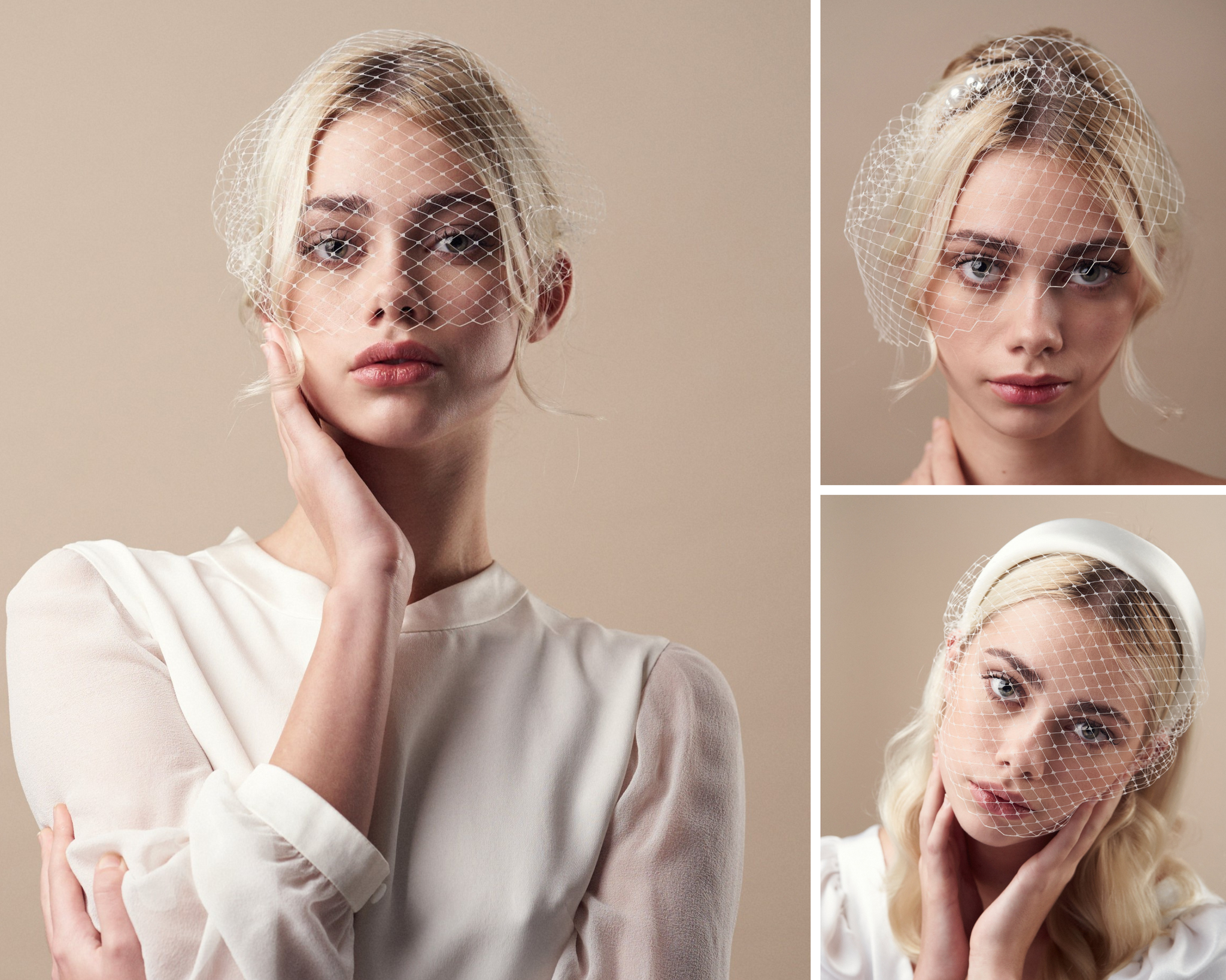 Models dressed as brides wear birdcage veils 